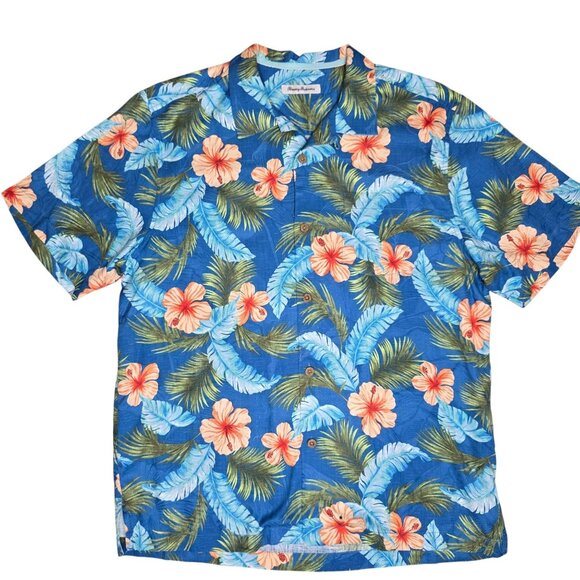 Tommy Bahama silk Mens Hawaiian Floral Short Sleeve Shirt L/ G Blue Orange Cotto - Picture 2 of 10